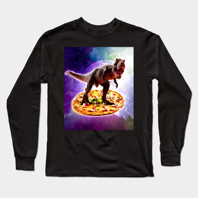 Tyrannosaurus Rex Dinosaur Riding Pizza In Space Long Sleeve T-Shirt by Random Galaxy